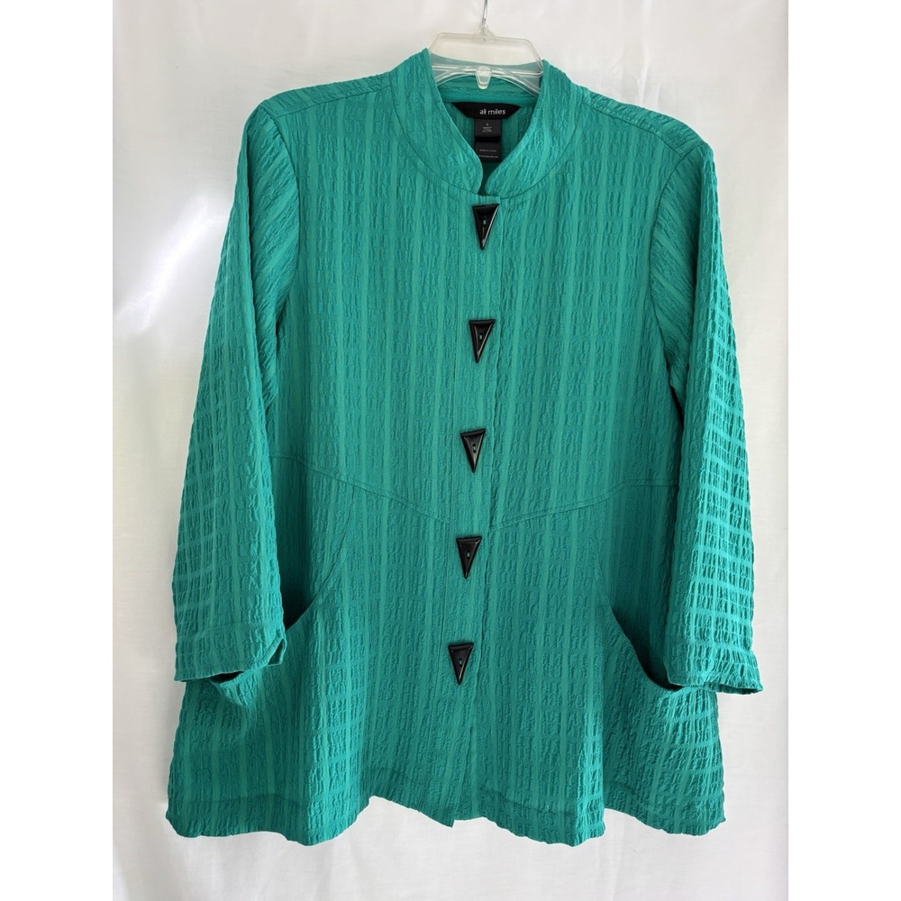 Ali Miles Women's Green Textured Button-Front Jacket w/ Pockets Mid-Length S